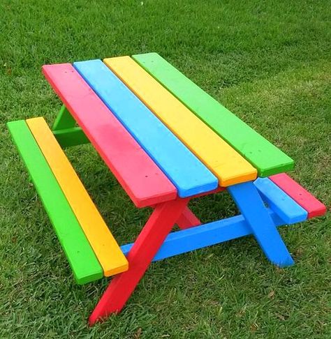 Wooden Picnic Table Makeover, Colorful Picnic Table, Rainbow Picnic, Painted Picnic Tables, Table With Bench, Kids Backyard Playground, Kids Picnic Table, Backyard Kids Play Area, Kids Picnic