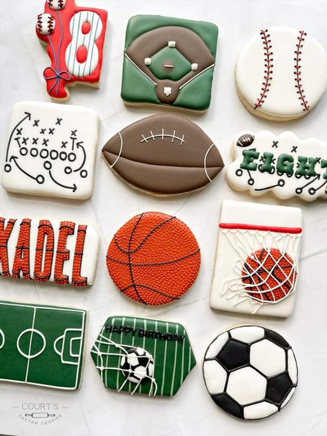 Sports Birthday Cookies, Sports Cookies, Boy 16th Birthday, Cupcakes Ideas, Sports Birthday, Icing Cookies, Birthday Cookies, Cookie Designs, Royal Icing Cookies