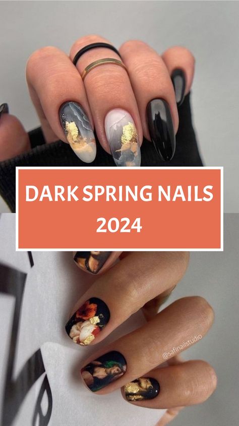 Dark Spring Nails 2024 Spring Nails Dark, Dark Spring Nails 2024, Black Nails For Spring, Acrylic Paint On Nails Nailart, Spring Nails Black, Alternative Spring Nails, Moody Summer Nails, Navy Spring Nails, Moody Spring Nails