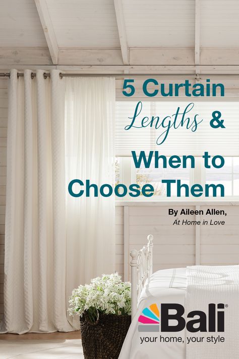 Trouser? Puddle? Apron? Learn the differences between drapery lengths, and how to choose the right length for you. Bedroom Curtain Length Guide, Bedroom Curtain Length, Curtain Puddle Length, Curtain Length Guide Bedrooms, Curtain Length Guide Living Rooms, How To Choose Curtains, Dining Room Drapery Ideas, Apron Length Curtains, Puddle Curtains