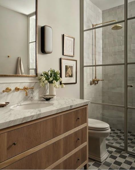 White Oak Vanity, Oak Vanity, Friends Design, Classic Bathroom, Main Bathroom, Bathroom Inspo, Bathroom Renos, Unlacquered Brass, Guest Bath