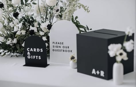 Modern Welcome Table Wedding, Modern Card Box Wedding, Black Table Signs Wedding, Guest Book And Gift Table Wedding, Black And White Wedding Signs, Wedding Gift Area, Card And Gift Table Wedding, Cards And Gifts Table Wedding, Modern Black And White Wedding Decor