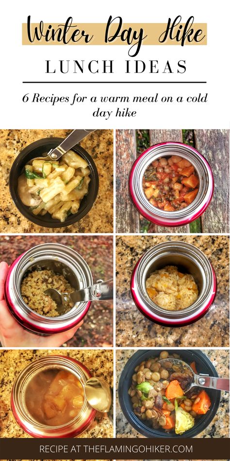 Winter hike lunch ideas - Hiking in winter is cold enough as it is, so let's get warm with warm hiking food for lunch. Discover 6 easy hiking recipes to make at home before the big day and easily carried in a thermos food flask to stay warm until lunch. You will never run out of lunch ideas for day hike in winter ever again! Winter Packed Lunch Ideas, Food Flask Recipes, Day Hike Food Ideas, Food Flask Lunch Ideas, Healthy Thermos Lunch Ideas, Thermos Meals, Thermos Recipes, Warm Lunch Ideas, Thermos Cooking