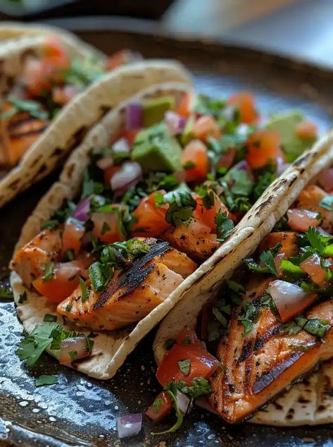 Grilled Salmon Tacos with Avocado Salsa Burrata Bruschetta Recipe, Steak And Potatoes Skillet, Garlic Butter Steak And Potatoes, Grilled Salmon Tacos, Butter Steak And Potatoes, Salmon Tacos Recipe, Mexican Recipies, Lunch Wrap, Potatoes Skillet