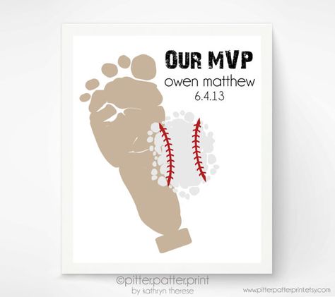 Footprint Art Kids, Baby Footprint Art, Sports Nursery, Footprint Craft, Baseball Crafts, Footprint Crafts, Baby Footprint