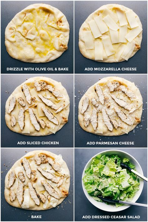 This deliciously, amazing Caesar Salad Pizza combines the famous Caesar salad with a simple cheesy pizza to create a delicious 30-minute meal. We're using a shortcut (naan bread) in place of regular pizza dough to have dinner on the table in a flash! Recipe via chelseasmessyapron #chicken #grilled #chicken #dinner #comfort #quick #easy #recipe #caesar #salad #pizza Chicken Ceaser Salad Flatbread, What To Put On Naan Bread, Chicken Ceaser Pizza Crust, Caesar Salad Pizza, Grilled Chicken Dinner, Pizza Quesadilla, Caesar Salad Dressing Recipe, Naan Pizza Recipes, Exotic Recipes