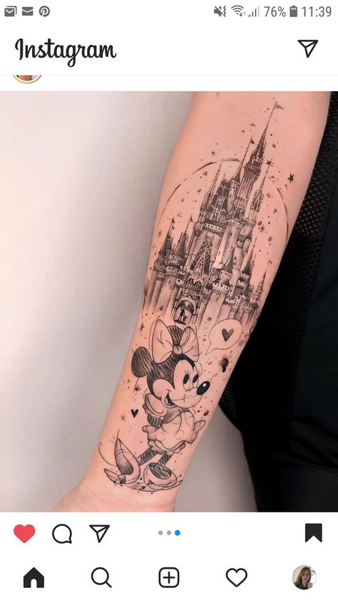 Walt Disney World Castle Tattoo, Disney Sketch Tattoo Sleeve, Large Disney Tattoos, Disney Sleeve Tattoo Black And White, Disney Tattoo Cover Up Ideas, Disney Arm Tattoos For Women, Disney Arm Sleeve Tattoos For Women, Disney World Castle Tattoo, Disney Black And White Tattoo