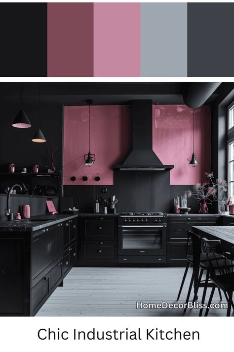 Industrial Kitchen Design: Black Cabinetry & Pink Accents Home Interior Design Pink, Black Wall Kitchen Ideas, Black And Pink House, Industrial Black Kitchen, Black And Pink Kitchen, Pink And Black Room Ideas, Black Pink Room, Victorian Modern Kitchen, Pink And Black Kitchen