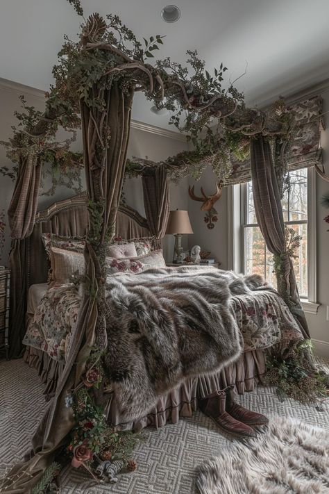 Girls Bed With Canopy, Four Poster Bed With Curtains, Gothic Canopy Bed, Bed With Canopy, Fairytale Bedroom, Canopy Ideas, Magical Bedroom, Forest Bedroom, Girls Bed