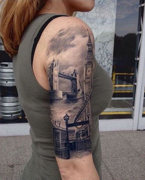 London Bridge Tattoo © StraightLinesTattoo City Sleeve Tattoo, Brooklyn Bridge Tattoo Ideas, England Tattoo Ideas, Tower Bridge Tattoo, London Sleeve Tattoo, Spurs Tattoo, London Bridge Tattoo, London Tattoo Ideas, City Tattoo Ideas