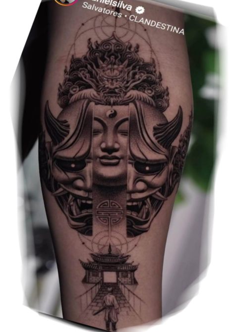 Buddha And Demon Tattoo, Japanese Microrealism Tattoo, Daniel Silva Tattoo Designs, Half Buddha Half Demon Tattoo, Concept Tattoo Design, Moodboard Drawing, Meditation Tattoo, Hades Tattoo, Irezumi Tattoo