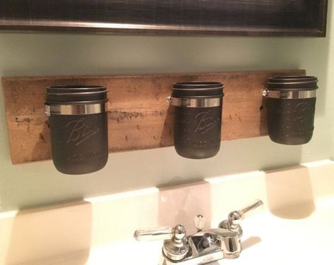 POJJO Vanity Valet Boutique Plus VVB Wall mount safe | Etsy Mason Jar Organizer, Mason Jar Bathroom Organizer, Rustic Bathroom Remodel, Bathroom Wood Shelves, Mason Jar Organization, Mason Jar Bathroom, Rustic Mason Jars, Tuscan Design, Mediterranean Home Decor