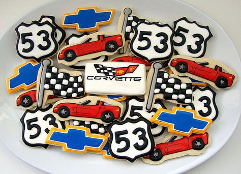 Chris's Corvette Platter Corvette Party Ideas, Corvette Cookies, Corvette Birthday, Corvette Birthday Party Ideas, Corvette Cake, Car Cookies, Hotwheels Birthday Party, Cake Logo, 50th Birthday Cake