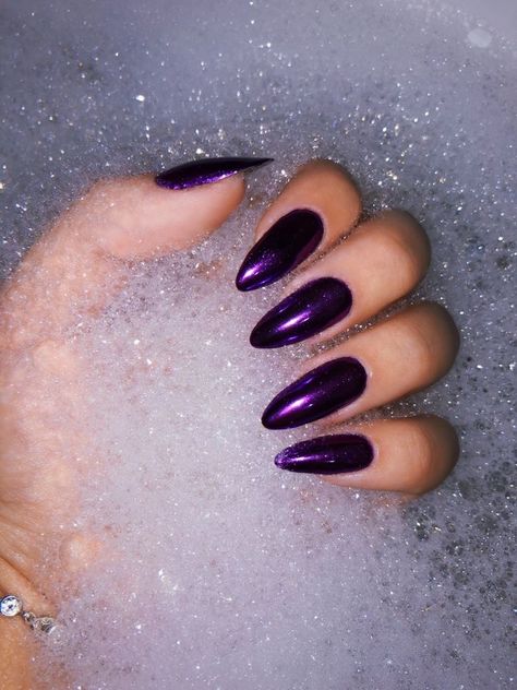 Dark Purple Metallic Nails, Dark Purple Prom Nails, At Home Nail Art, Black And Purple Nails, Nail Art Designs 2023, Black Chrome Nails, Purple Chrome Nails, Brush Techniques, Home Nail Art