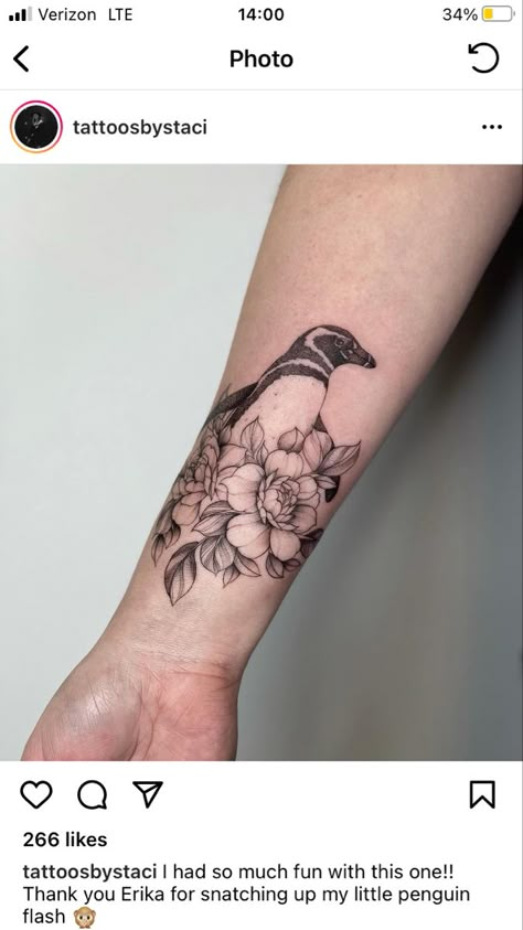 Penguin Flower Tattoo, Penguin And Flower Tattoo, Floral Penguin Tattoo, African Penguin Tattoo, Penguin Tattoos, Grandma Tattoo, Leg Sleeve Ideas, Grandma Tattoos, Penguin Tattoo