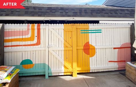 This Must Be The Place Mural, Treehouse Mural, Painted Fences Mural, Outdoor Wall Murals Backyards, Rental Backyard, Backyard Murals, Mural Fence, Outdoor Mural Ideas, Rainbow Playhouse