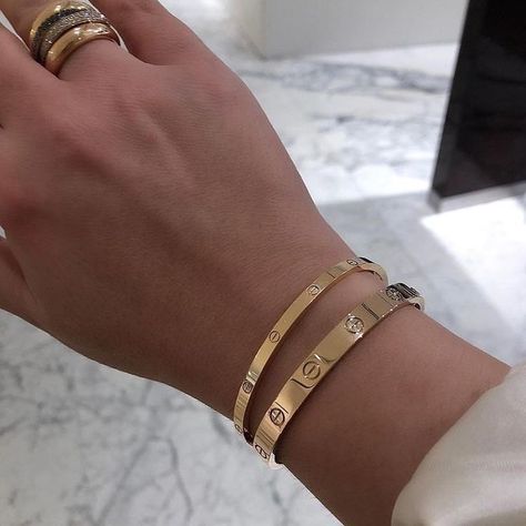 Two Cartier Love Bracelets, Gold Bracelets Stacked, Gold And Silver Bracelets, Accesories Jewelry, Luxe Jewelry, Cartier Jewelry, Dope Jewelry, Classy Jewelry, Stacked Jewelry