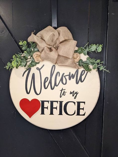 Wreaths For Office Door, Office Welcome Sign, Round Wood Tray, Office Door Signs, Paint Themes, Wooden Wreaths, Front Door Signs, Door Wreaths Diy, Spring Theme