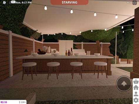 Outside Bar Bloxburg, Bloxburg Backyard Kitchen Ideas, Bloxburg Bbq Area Ideas, Outdoor Patio Ideas Bloxburg, Bar In Bloxburg, Bar Bloxburg Ideas, Bloxburg Outdoor Kitchen Ideas, Bloxburg Pool Ideas Aesthetic, Bloxburg Backyard Ideas No Gamepasses