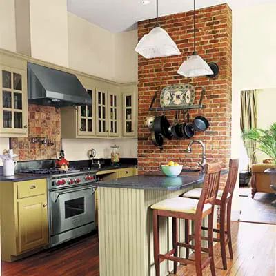 Steal Ideas From Our Best Kitchen Transformations - This Old House Small Kitchen Lighting Ideas, Small Kitchen Lighting, Kitchen Transformation, Brick Walls, Trendy Kitchen, Green Kitchen, Exposed Brick, In Kitchen, Kitchen Colors