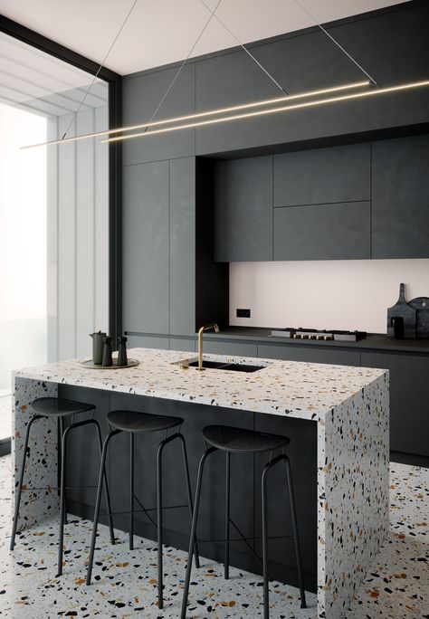 Terrazzo Kitchen Countertops, Kitchen Terrazzo, Terrazzo Countertop, Terazzo Floor, Terrazzo Kitchen, Green Kitchen Island, Waterfall Countertop, Black And White Kitchen, White Modern Kitchen