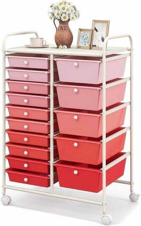 KOTEK 15-Drawer Rolling Storage Cart, Multipurpose Mobile Utility Cart with 4 Wheels, Home Office School Tools Scrapbook Paper Organizer (Pink) : Amazon.ca: Home Scrapbook Paper Organization, Drawer Cart, Organization Cart, Craft Cart, Rolling Storage Cart, Storage Trolley, Rolling Storage, Rolling Cart, Utility Cart