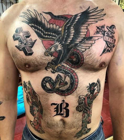 Traditional Chest Piece Tattoo Men, Eagle And Snake Chest Tattoo, American Traditional Eagle Chest Tattoo, Western Chest Tattoo, American Traditional Collar Bone Tattoo, Traditional Eagle Chest Tattoo, Cool Chest Tattoos For Guys, 123 Tattoo, Belly Tattoo Men