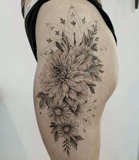 Pretty Chrysanthemum Tattoo, Chrysanthemum Daisy Tattoo, Dahlia Tattoos For Women, Chrysanthemum Mandala Tattoo, Dahlia Mandala Tattoo, Chrysanthemum Tattoo Thigh, Daisy Thigh Tattoo, Geometric Thigh Tattoo, Mandala And Flower Tattoo