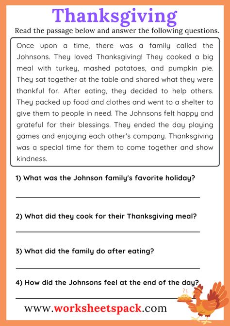 Thanksgiving Reading Comprehension Passage - worksheetspack Thanksgiving Reading Comprehension Free, Reading Passages For 3rd Grade, Grade 5 Reading Comprehension Worksheets, Thanksgiving Story For Kids, Reading Comprehension Passages Free, Grade 5 Reading, Thanksgiving Ela, Phonic Reading, Speaking Questions