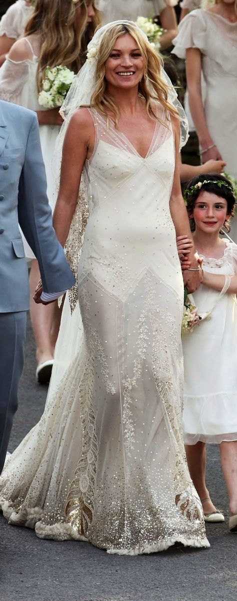 Kate Moss’ wedding dress by designer John Galliano. www.virginiajustermarriagecelebrantgympie.com Galliano Wedding Dress, Kate Moss Wedding Dress, Kate Moss Wedding, Galliano Dress, Jamie Hince, Celebrity Bride, Stephanie Seymour, Celebrity Wedding Dresses, Iconic Weddings