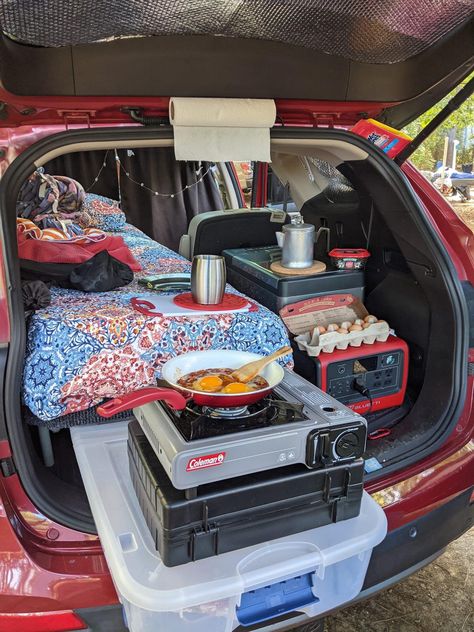 Car Camping Family, Living In Suv, Suv Van Life, Car Living Ideas, Compact Car Camping, Car Camping Suv, Car Camping With Kids, Suv Living Ideas, Car Camping Set Up