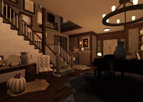 Dark Acedamia Bloxburg House Ideas, Bloxburg Cabin Interior, Bloxburg Fireplace Ideas, Bloxburg Dark Academia House, Grunge Bloxburg House, Dark Academia Bloxburg, Bloxburg Victorian House Interior, Bloxburg Cabin Layout, Rustic Bloxburg House