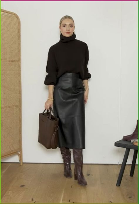 Leather Midi Skirt Outfit, Long Leather Skirt Outfit, Midi Leather Skirt, Long Leather Skirt, Rok Outfit, Leather Skirt Outfit, Midi Skirt Outfit, Winter Skirt Outfit, Rock Outfit