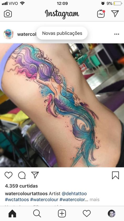 Siren Mermaid Tattoos, Mermaid Tail Tattoo, Sea Tattoos, Watercolor Galaxy Tattoo, Mermaid Sleeve Tattoos, Unicorn Tattoo Designs, Whimsical Tattoos, Mermaid Tattoo Designs, Flying Tattoo