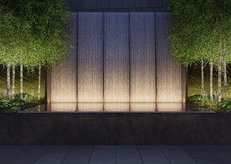 Water Feature Lighting, Plaza Design, Water Feature Wall, Landscape Lighting Design, Pool Water Features, Waterfall Wall, Waterfall Design, Landscape Architecture Design, Wall Fountain