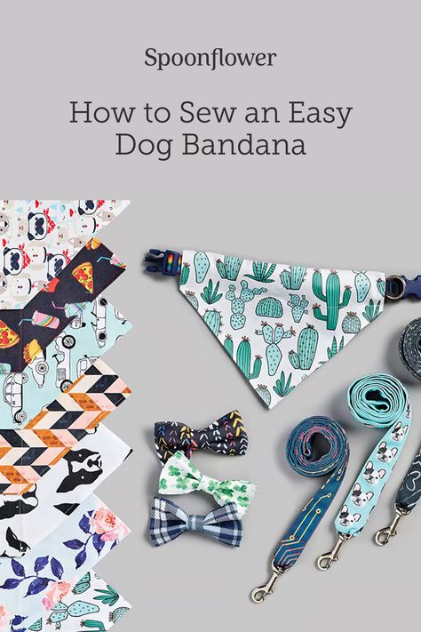 A custom-printed bandana adds flair and color to your dog’s collar. You and your pup (or cat!) will be jumping for joy once you’ve made this DIY pet bandana. Our free downloadable PDF pattern and video tutorial makes this a quick project for both beginner and more experienced sewists alike. #PetDIY #Tutorial #DogBandana Over The Collar Dog Bandana Sewing Pattern, Over The Collar Pet Bandana Pattern, Dog Collar Flower Pattern, How To Make Dog Collar Bandanas, Collar Bows For Dogs Diy, Free Pet Scarf Pattern, Dog Products To Make And Sell, Puppy Bandanas Free Pattern, Sewing A Dog Bandana