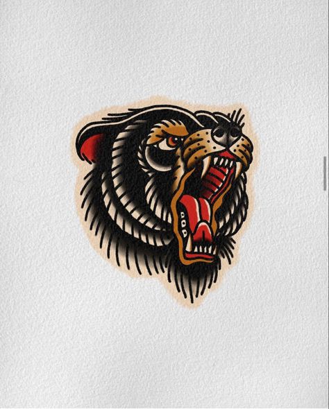 Traditional Tattoo California, Lion Tiger Bear Tattoo, Big Cat Tattoo Men, Brown Thrasher Tattoo, American Traditional Deer Skull Tattoo, Owl Knee Tattoo, American Trad Animal Tattoo, Animal Tattoos Traditional, Mens Collarbone Tattoo