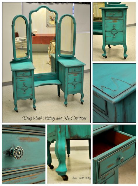 Vintage vanity by Deep South Re-Creations.  Annie Sloan Chalk Paint, Florence.  Making forgotten furniture unforgettable.  Visit us at... www.facebook.com/deepsouthrecreations.  Chalk paint, vintage, tri-mirror vanity, shabby chic, distressed, painted furniture, aqua vanity, turquoise vanity. Painted Vanities, Turquoise Vanity, Turquoise Painted Furniture, Baños Shabby Chic, Turquoise Furniture, Antique Vanity, Shabby Chic Room, Shabby Chic Dresser, Vanity Ideas