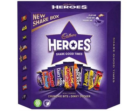 Cadbury Heroes Share Box (385g) | Christmas Chocolate Gifts | Cadbury Gifts Direct Cadbury Eclairs, Cadbury Bar, Snack Bin, Dairy Milk Caramel, Cadbury Crunchie, Bubble Face Mask, Diy Eid Gifts, Snacks Chocolate, Cadbury Dairy Milk Chocolate