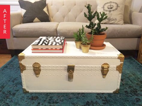 Before & After: Free Trunk Turned Coffee Table | Apartment Therapy Coffee Table Living Rooms, Steamer Trunk Makeover, Trunk Redo, Table Apartment, Trunk Makeover, Trunk Table, Metal Trunks, Painted Trunk, Coffee Table Trunk