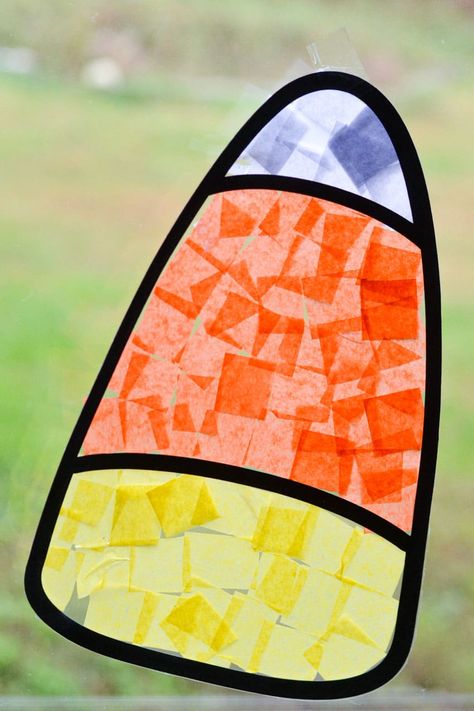 Candy Corn Tissue Paper Craft, Paper Stained Glass Window, Tissue Paper Stained Glass Craft, Candy Corn Craft, Stained Glass Art Easy, Classroom Tree, Candy Corn Crafts, Tissue Paper Craft, Suncatcher Craft