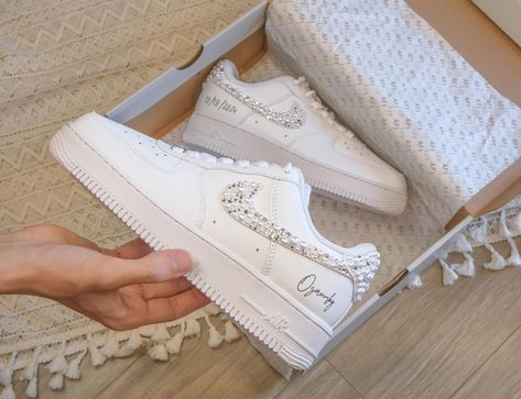 Bling Wedding Bride Personalized Sneakers Pearl Air Force 1 Nike Shoes NK_04 - Etsy Personalized Sneakers, Nike Logos, Bride Personalized, Nike Products, Bling Wedding, Womens Wedding Shoes, Sneaker Games, Custom Sneakers, Hand Painting