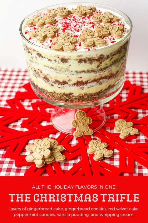 This Christmas Trifle Recipe is the ultimate Holiday Dessert! The Christmas Trifle is made with all the flavors of the holiday season, gingerbread, gingerbread cookies, red velvet, peppermint, vanilla pudding, and whipping cream! There are so many delicious elements to this dessert, it is sure to be a family favorite! The beauty of trifles is that they are easy to assemble and even easier to serve! Ginger Bread Trifle, Gingerbread Triffle Recipes, Gingerbread Eggnog Trifle, Eggnog Trifle Recipe, Vanilla Trifle Desserts, Peppermint Trifle Desserts, Gingerbread Trifle Christmas, Christmas Trifles Easy, Gingerbread Trifle Recipe