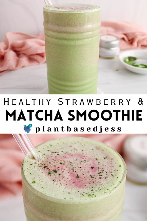 View on a strawberry matcha smoothie. Matcha Powder Smoothie, Matcha Powder Recipes, Oat Milk Smoothie, Smoothie With Banana, Matcha Green Tea Smoothie, Matcha Drink Recipes, Matcha Green Tea Recipes, Green Tea Smoothie, Strawberry Matcha