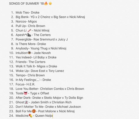 It’s about that time of the year that I give y’all a list of #Summer18 bangers that I’ve been listening to all season. Catch these vibes & turn up with me! (P.S. Drake’s album has so many hits that I couldn’t even choose.) Enjoy!❤️ Repin for more & comment any songs that you guys want me to hear!! ✨Pinterest: @Taylajenkins_ #Music #Playlist #HitList #PrettyGirlsLoveTrapMusic #Bangers Turn Up Playlist, Mood Playlists, Songs Ideas, Dance Music Playlist, Music Suggestions, List Of Songs, Playlist Songs, Rap Playlist, Chill Music