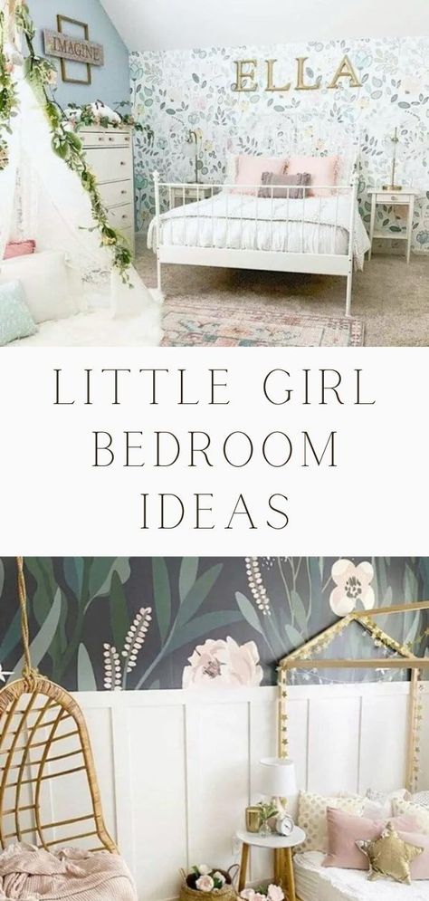 Precious DIY little girls room decorating ideas. Bedroom ideas for babies, toddlers, children, and teens. Beautiful colors of pink, blue, green, neutrals, gray and floral decals, wallpaper, and more. You will find ideas from tents draped in garland to canopies to make your daughter feel like a princess. Hanging rattan hammock swings, lovely rugs of pastel pinks, on a budget, house shaped bed frames, boho, and more. Boho, shabby chic, and cottage country. Little girl bedroom ideas. Pink And Green Girls Bedroom, Green Girls Bedroom, Pink Toddler Bedroom, Girl Floral Bedroom, Bedroom Ideas Kids, Girls Bedroom Green, Green Girls Rooms, Girls Boho Bedroom, Sage Bedroom