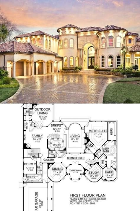 Marvelously luxurious Mediterranean Mansion exterior of this 5 bedroom, 6 and half bathroom, 2 story Spanish house plan and 7587 sq. ft. luxury mansion floor plan. Tap to reveal the rest of the Spanish interior design and more house plans of Spanish style homes.(https://www.thehousedesigners.com/plan/cordillera-9767/) #SpanishHousePlan #SpanishStyleHomes Sims 3 Mansion Floor Plans, Spanish Villa Blueprint, Spanish Style Mansion Exterior, 6 Bedroom Mansion Floor Plan, Luxury Floor Plans Dream Homes, Spanish Villa Bloxburg House, 5 Bedroom Mansion Floor Plans, Spanish Luxury Homes, House Plans Mansion Luxury