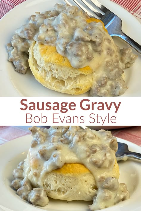 Collage of Bob Evans country sausage gravy over a biscuit Brunch Sausage, American Biscuits, Dinner Biscuits, Budget Breakfast, Best Sausage Gravy Recipe, Breakfast Southern, Biscuit Gravy, Easy Sausage Gravy, Country Gravy Recipe