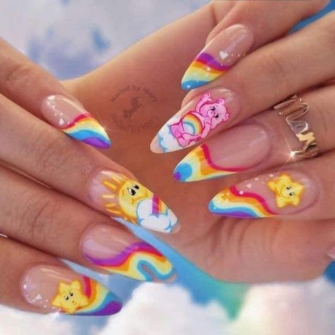 Kidcore Nail Art, Carebears Nail, Kidcore Nails Simple, Sweet Tart Nails, Squishmellow Nails, Carebear Nails Designs, Rainbow Bright Nails, Care Bare Nails, Rainbow Brite Nails