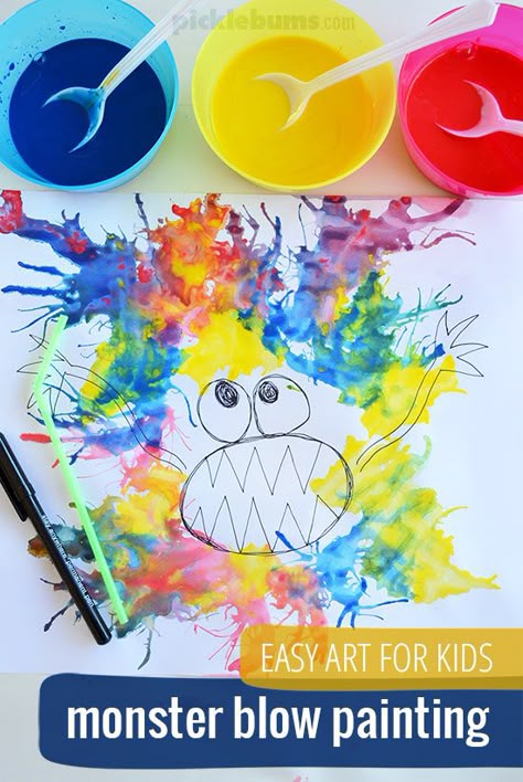 Monster Blow Painting - an easy art idea - what a fun activity for a kids' Halloween party! (Think I'm gonna try this at our next play date). Blow Painting, Blow Paint, Classe D'art, Easy Art For Kids, Painting Activities, Easy Art, Kindergarten Art, Crafty Kids, Toddler Art